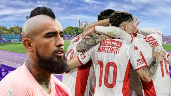 Arturo Vidal y jugadores de Huracán (Foto tomada de: Montevideo/Goal/NOVA)