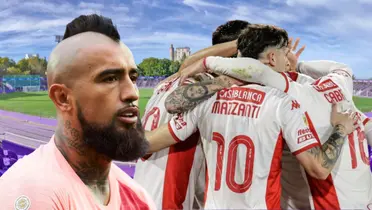 Arturo Vidal y jugadores de Huracán (Foto tomada de: Montevideo/Goal/NOVA)