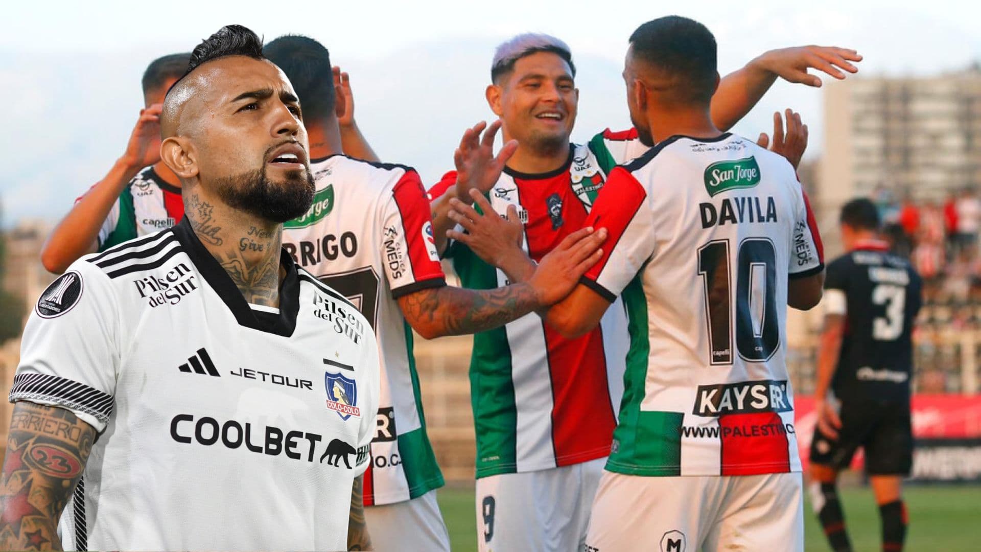 Arturo Vidal y jugadores de Palestino (Foto tomada de: La Razón/T13)