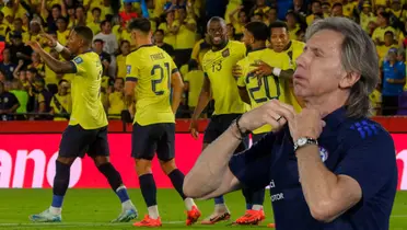 Jugadores de Ecuador y Ricardo Gareca (Foto tomada de: La Tri/La Roja)